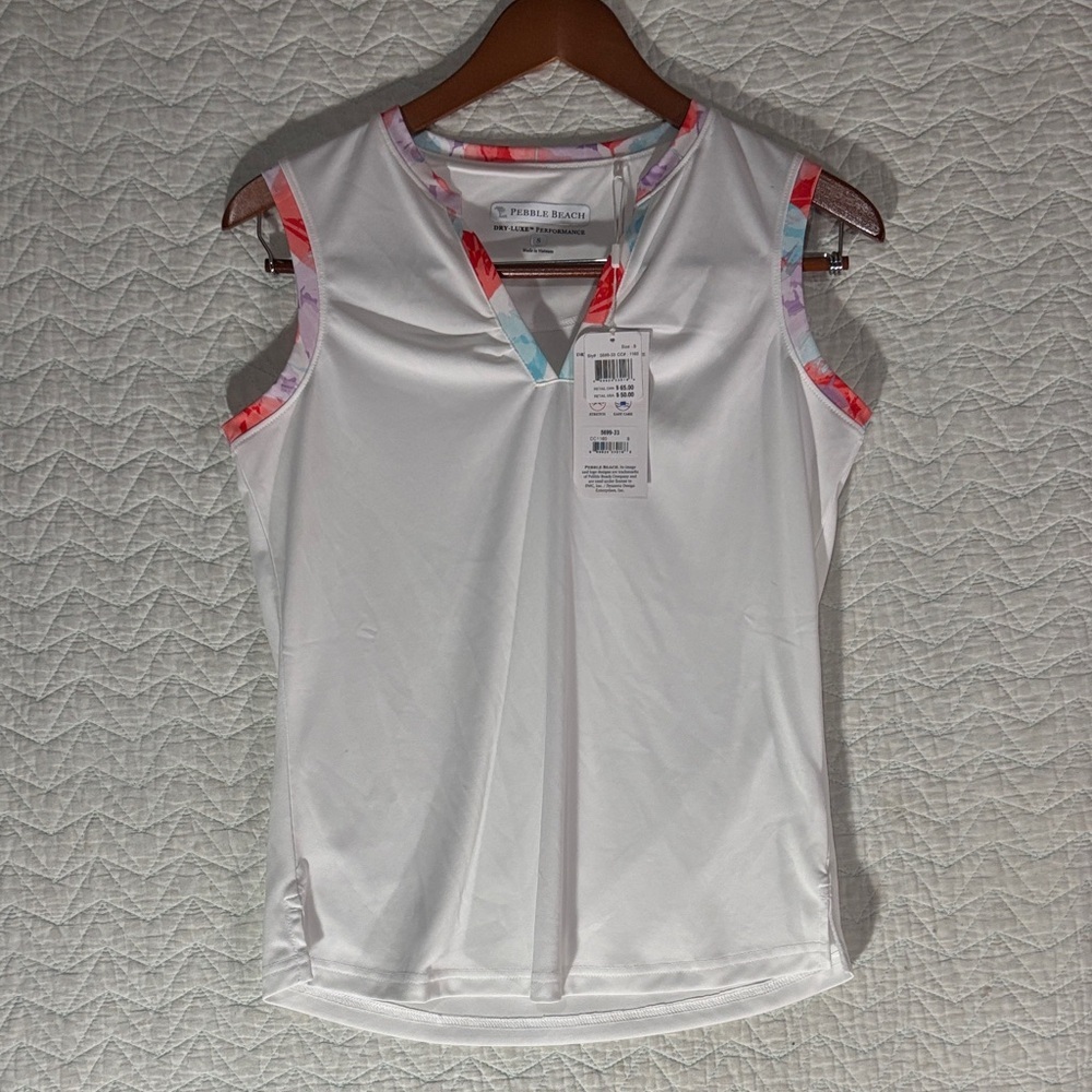 Pebble Beach White Sleeveless V-Neck Tank with Pink and Blue Floral Trim - Picture 4 of 6